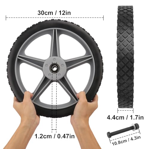 2 Pack Spoked Plastic Wheel and Plastic Tire, 12 x 1.75 Inch Heavy Duty wheel and Axle Kits for Carts – Ideal Wheels Replacement for Lawn Mowers, Carts, Bikes, and More