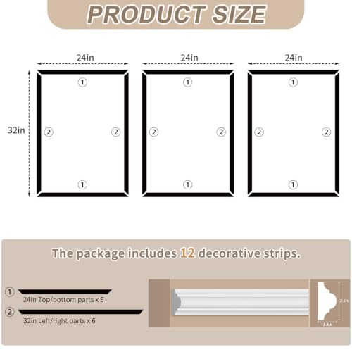 JBER Peel and Stick Wall Molding Kit, 6 Pre-Cut Wainscoting Panels, White - color: White-3 Pack-A, size: 32 x 24 in