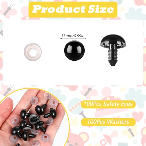 Bewudy 100pcs 15mm Plastic Safety Eyes with Washers, for Crocheting (Black)