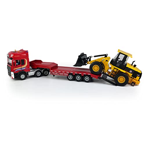 Flatbed Truck Toy with Construction Vehicle Excavator Loader Bulldozer Dozer Semi Tow Hauler Truck Trailer Metal Diecast Heavy Equipment Transport Toy Vehicle Toy Trucks for Boys Kids Gift, yellow red - color: Bulldozer