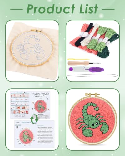 ERKOON Punch Needle Kit Beginners Adults, Zodiac Easy Embroidery Set for Starter Art Craft, Needling Punching Project with Patterns, Tools, Yarns, Hoop, Instruction (Scorpio) - color: Scorpio