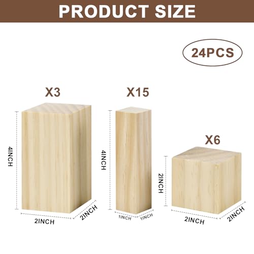 24-Piece Solid Wood Carving Blocks & Whittling Kit for Adults & Beginners - 3 Sizes Natural Wood Craft Supplies for DIY, Christmas Decor, Home Arts, Woodworking Class - size: 3 Sizes-24Pcs