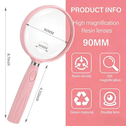 Feosky Handheld Reading Magnifier, 10X Magnifier, 90mm Shatterproof Lens, Non-Slip Handle for Adults Close Work, Seniors Reading and Nature Exploration, Hobby Observation(Pink) - color: Pink, size: 90mm