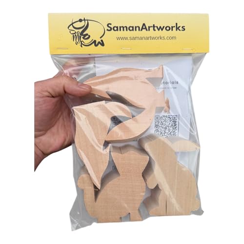 SamanArtworks Wood Carving Kit for Beginners, 4 Pre-Cut Basswood Animal Projects with Step-by-Step YouTube Tutorials, DIY Whittling Craft Kit for Adults & Teens