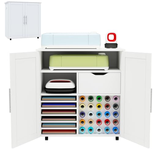 Craft Cart Cabinet Compatible with Cricut for Storage Organization, Rolling Craft Cabinet Table Stand Workstation with Vinyl Roll Holder with Wheels for Craft Room Organizer 31.6"W x 15.8"D x 33.7"H