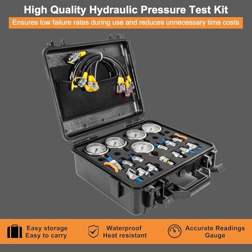 Hydraulic Pressure Test Kit with 5 Gauges(Max 10000 PSI), 13 Test Couplings 14 Tee Connectors 5 Test Hoses, Hydraulic Nitrogen Gauge Tester Set with Carrying Case for Excavator Construction Machinery - size: 5 Gauges 13 Test Couplings