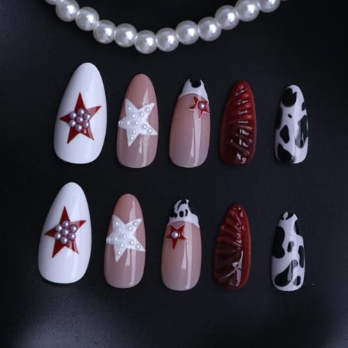 Almond Press on Nails Medium Nude Fake NailLeopard Acrylic Nail Press ons Star Stick on Nails for Women 24pcs - color: Color07