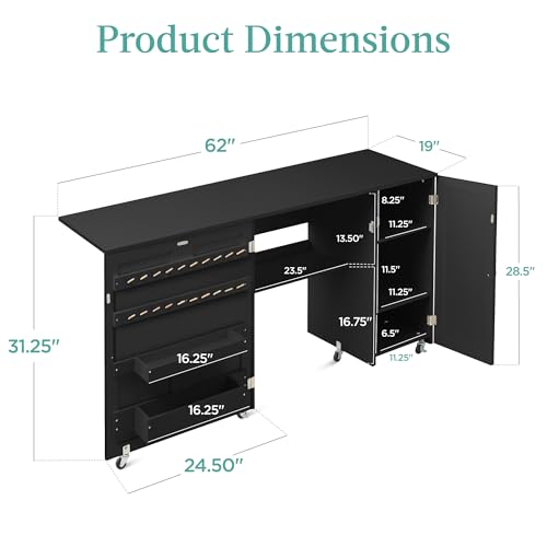 Best Choice Products Large Folding Sewing Table, Multipurpose Portable Craft Station & Side Desk w/Compact Design, Caster Wheels, Storage Shelves, 2 Storage Trays, Magnetic Doors - Black - color: Black