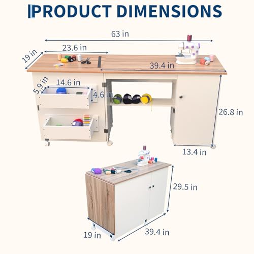 Compact Folding Sewing Table with Storage Shelves & Trays - color: White & Natural