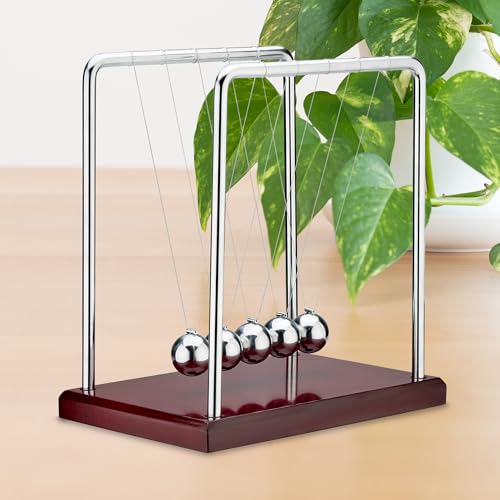 Newton's Cradle 5 Ball Kinetic Pendulum, Brown Wood Base Office Desk Toy