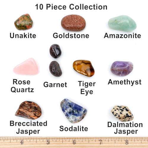 DANCING BEAR 10 Pc Rock and Mineral Limited Edition Collection in Special Box with Rock Identification Book, includes Amethyst, Tiger eye, Unakite, and more!