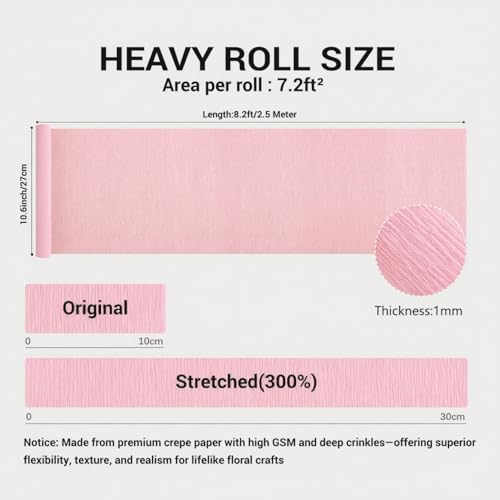 Heavy Crepe Paper for Flower Making, DIY Crafts | Italian-Quality Crepe Paper with 300% Stretch | Papel Crepe de Colores Paquete - color: Blush Pink, size: Short (10.6")