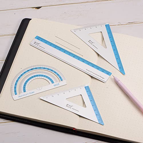 HARFINGTON 4pcs Geometry Set 15cm Metric Measure Ink Printing Aluminum Ruler Metal Ruler Set Triangle Protractor Ruler Tool Set for Classroom, Office, Home, Blue - color: Blue