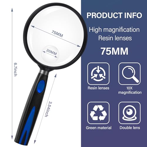 Feosky Handheld Reading Magnifier, 10X Magnifier, 75mm Shatterproof Lens, Non-Slip Handle for Adults Close Work, Hobbies and Halloween & Cosplay(Blue/Black) - color: Blue, size: 75mm