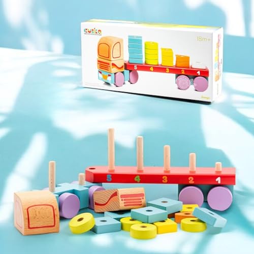 CUBIKA Wooden Geometric Shapes Truck– Montessori Toy for Toddlers Ages 3+– Shape Sorter and Stacking Truck Building Toy– FSC-Certified Wood, German Water-Based Paints, Travel-Friendly - style: Geometric Shapes Truck