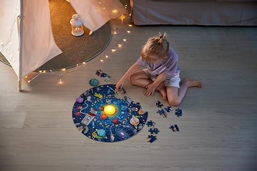 Hape Solar System Puzzle | Round Solar System Puzzle Toy for Kids, Solid Wood Pieces and A Glowing LED Sun