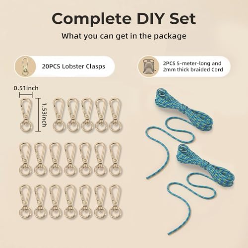 NCIWAN DIY Beadable Keychain Making Kit, 20 Pcs Gold Lobster Clasps with 5 Meters 2mm Braided Rope, Cut-to-Length Lanyard Cord for Silicone Focal Beads, Boho Craft Supplies (Gold 20 pcs-01) - color: Gold 20 pcs-01