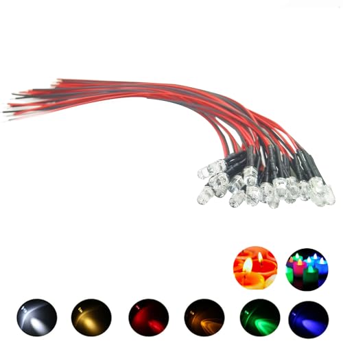 30pcs 3mm Yellow Candle Flickering Lights LED Emitting Diodes Pre Wired 7.9 inch DC 12v LED Light Clear Lens Small LED Lamps - color: Yellow, size: 3mm Candle Flickering