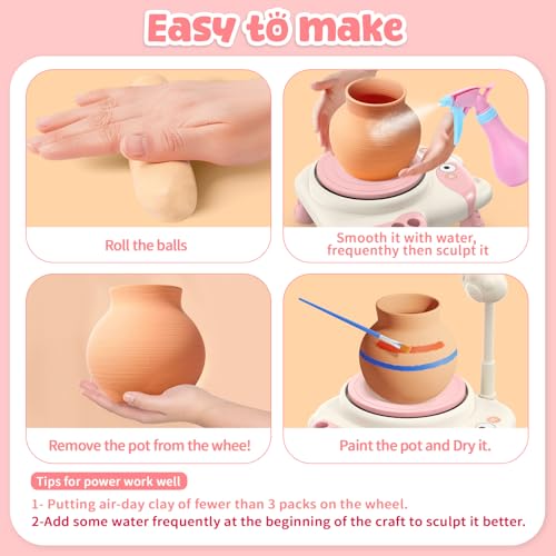 Pottery Wheel for Kids with Foot Pedal, Air Dry Clay Craft Kit Ages 6+ - color: Pink C