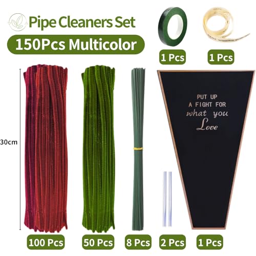 NafuXiaJJia Rose Pipe Cleaner Kit with 150 Pcs Pipe Cleaners Colourful in 2 Colours(Burgundy,Green,8 Pcs Green Floral Wire,Floral Tape,Flower Wrapping Paper and Ribbon - color: Rose