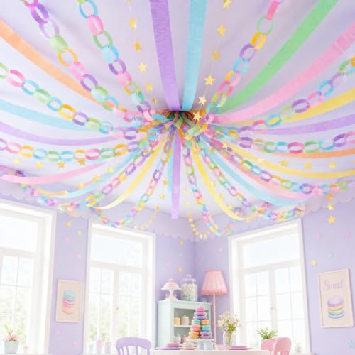 1000 Sheet Macaron Paper Chain Strips and 65 ft Gold Star Garland Set - color: Macaron-1000Pc