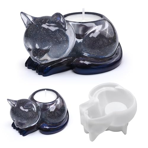 Cat Candle Holder Animal Cylinder Candle & Resin Mold - Resin Casting Silicone Molds for Home Decor & Candle Making Wave Spiral Mold - color: qh-cat-21170