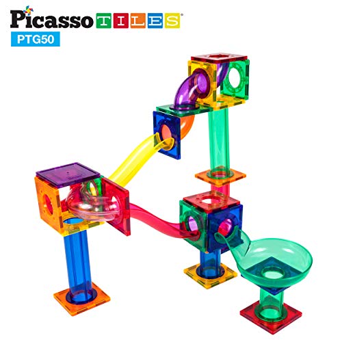 PicassoTiles Solar Powered Space Robot + 50pc Marble Run, 12-in-1 Creative Unique Transformation Renewable Energy Science Experiment DIY Kit, Race Track Toy Play Set, Educational Magnet Construction