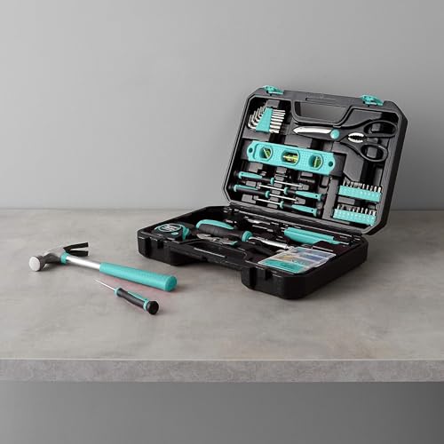 Amazon Basics 142-Piece Household Tool Kit for Home Repair, Hand Tools with Storage Case, 13.39 x 9.25 x 2.95 inch, Turquoise - color: Turquoise