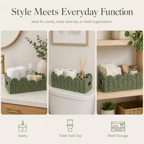 Sage Green Scalloped Basket, Toilet Tank Tray, Back of Toilet - color: Green