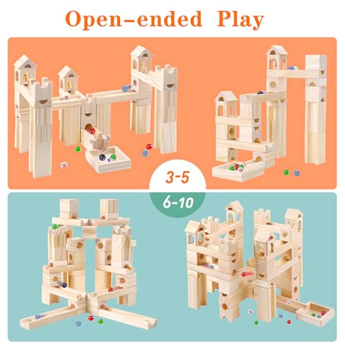 Wooden Marble Run for Kids Ages 4-8, 60 Pieces Wood Building Blocks Toys and Construction Play Set, Marble Track Maze Game STEM Learning Toys Gifts for Boys Girls - color: 60 Pcs