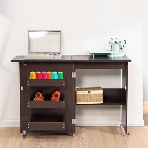 VIVOHOME Folding Sewing Table for Sewing Machine, Sewing Desk with Storage - color: Espresso
