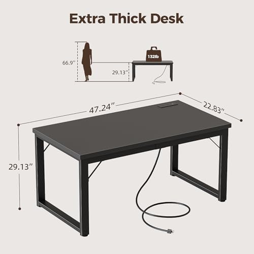 Mericonia 48 Inch Computer Desk with Power Outlets, 1.2" Thick Office Table - color: Black, size: 48",1.2"T