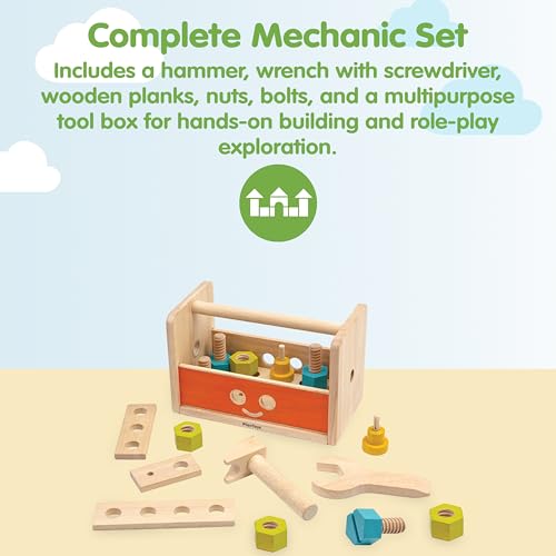 PlanToys Wooden Transforming Robot Tool Box with Wrench, Nuts & Bolts, Wooden Planks, and Shapes| Sustainably Made from Rubberwood and Non-Toxic Paints and Dyes - color: Robot Toolbox