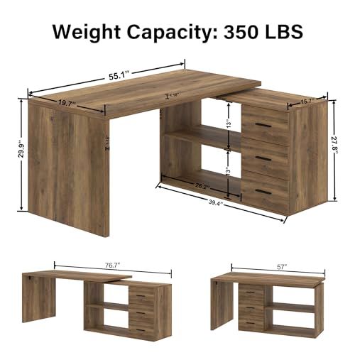 HSH 55-76 Inch Rustic L Shaped Desk,Corner Desk with Storage Drawers - color: Rustic Oak