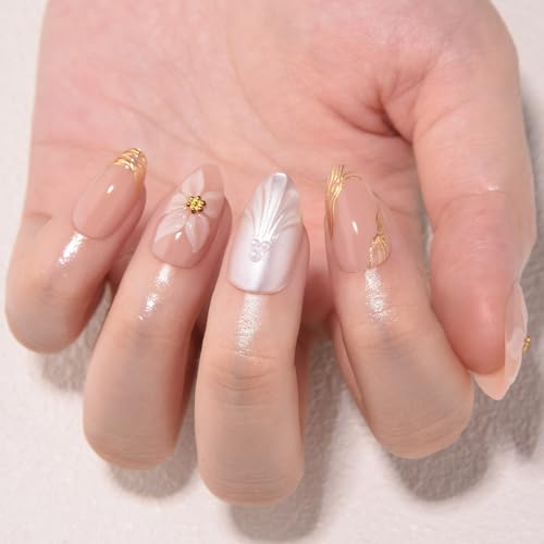 evpct 3D Pearl White Shell Press on Nails Short Almond with Flower Design - color: 30Pcs Shell & Flower & Gold Line-GD69, size: Short Almond