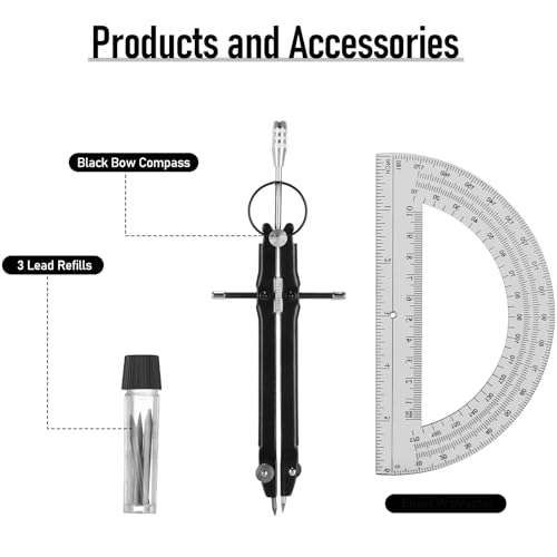EBOOT Math Geometry Set Metal Compass 6" Clear Protractor, Black and Black - color: Black and Black