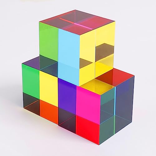 YuanDian CMY Cube with Stand, Color Mixing Cube 2 Inches Colorful Acrylic Prism for Home Decor Office Desk Decoration, Physics Toys Educational Science Kits Fidget Toys Gift for Kids Students - color: Cube+stand