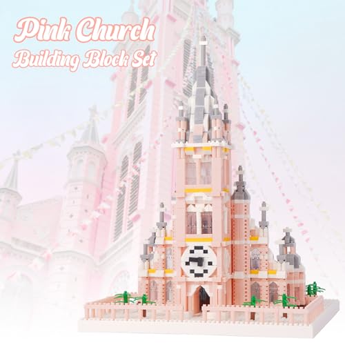 Micro Mini Building Blocks Pink Church Model Building Set Famous Architecture Model Building Kit - color: Pink Church