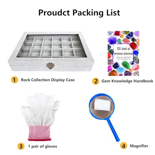 Rock Collection Display Case, Crystal Storage Box with 24 Grids and Gem Knowledge Handbook for Kids, Gem and Stone Collection Case for Display