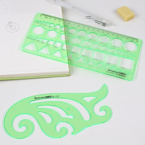 15PCS Geometric Drawings Templates,Transparent Green Plastic Ruler, Drafting Stencils Measuring Tools, Measuring Geometry Rulers for Office, Studying