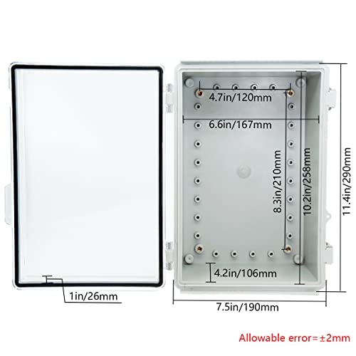 Zulkit Junction Box ABS Plastic Dustproof Waterproof IP67 Electrical Boxes Hinged Shell Outdoor Universal Project Enclosure Grey Clear Cover, Stainless Steel Buckles 11.4 x7.5 x 5.5 Inch - size: 11.4"x7.5"x5.5" TC k