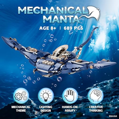 Devil Fish Building Set for Adults, Sea Ocean Animals Model Toys with Light, Compatible with Lego Fish, Ideas Fish Toys with Display Stand for Office Home Decor, for Boys Girls 8-14 - style: Devil Fish