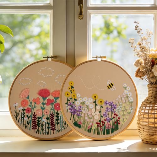 Flowers Embroidery Kits for Beginners Adults, Floral Hand Embroidery Set Needlepoint Kits, Stamped Cross Stitch Kits for Beginners Adults, 2 Embroidery Hoops, Fabric, Thread (Attached Video Tutorial) - color: Floral-2, size: 8inch