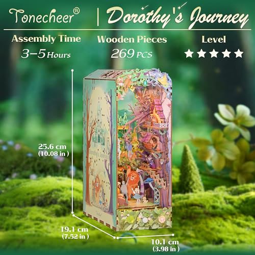 Tonecheer DIY Book Nook Kit, Dorothy's Journey 3D Puzzle Wooden Fairy Tales Miniature House Kit for Adults, Booknook Set Dollhouse Bookshelf Decor Bookend with Dust Cover and LEDs Ideal Gifts - color: Dorothy's Journey