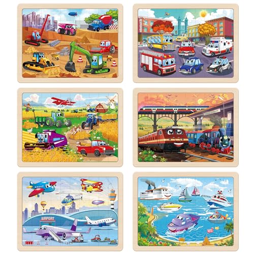 SYNARRY Large Wooden Vehicle Jigsaw Puzzles for Kids Ages 4-8, 60-Piece - style: Vehicle