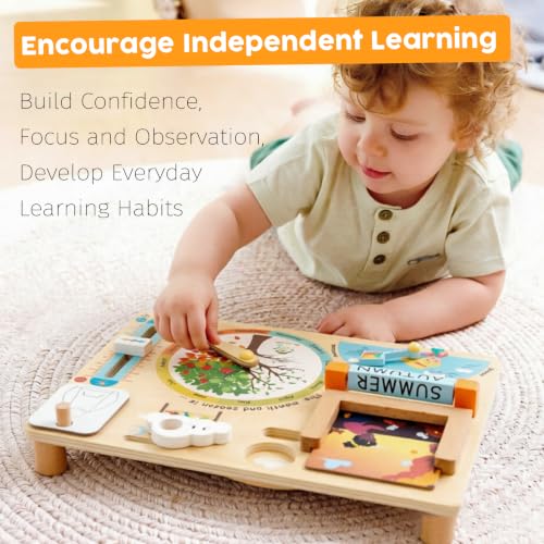 Wooden Weather Station Cognitive Board with 24 Cards, Climate Teaching Toy, Weather Board for Kids, Learning Daily Weather Condition Changes, Months Temperature & Seasons Toys for 3,4,5 Years Old