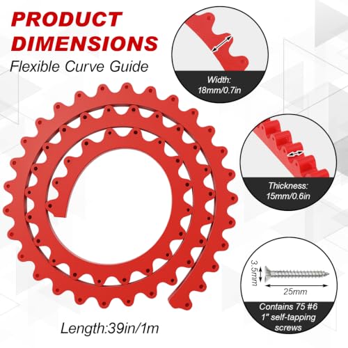 Frienda 39" Router Edge Guide Templates Kit Flexible Curve Ruler for Woodworking with 75 Self-Tapping Screws Adjustable Arcs Red Tool for Router Precision Trimming Arc Angle Positioning Cabinet Table - size: 39 in