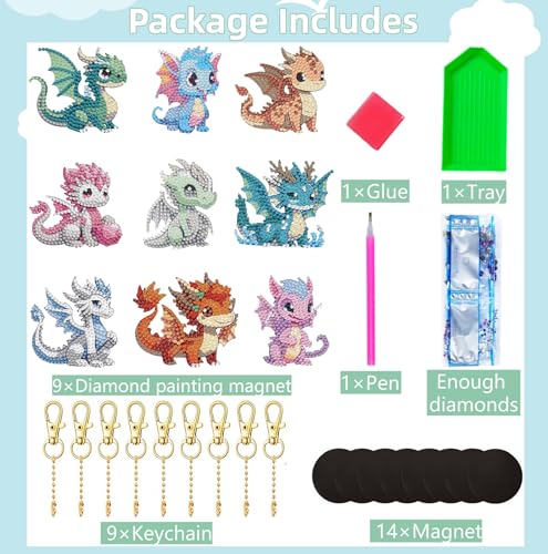 Bulerrylulu 9 Pcs Dragon Diamond Painting Magnets Kits Fridge Magnet Stickers Diamond Art Painting Keychains Gem Painting kit for Beginners Adults DIY Art Craft Gifts Home Decors - color: dragon