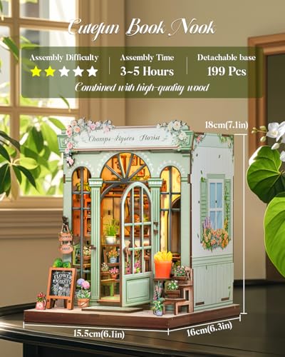 Cutefun Book Nook Kit - DIY Miniature Dollhouse Kit for Adults and Teens, French Flower Shop Mini House Building Kit with LED, 3D Wooden Puzzle for Beginner Creative Gifts (Champs-Élysées Florist) - color: Champs-élysées Florist