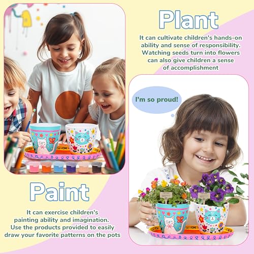 Paint & Plant Flower Gardening Kit with 4 Pots - Kids Gardening Set Ages 8-12, Spring Arts & Crafts Activities Kits, Educational Birthday/Easter Gifts for Boys & Girls Ages 5 6 7 9 10 11 - style: Flower